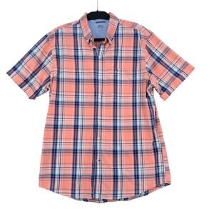IZOD Saltwater Button Down Shirt Mens L 100% Cotton Peach Plaid Short Sleeve